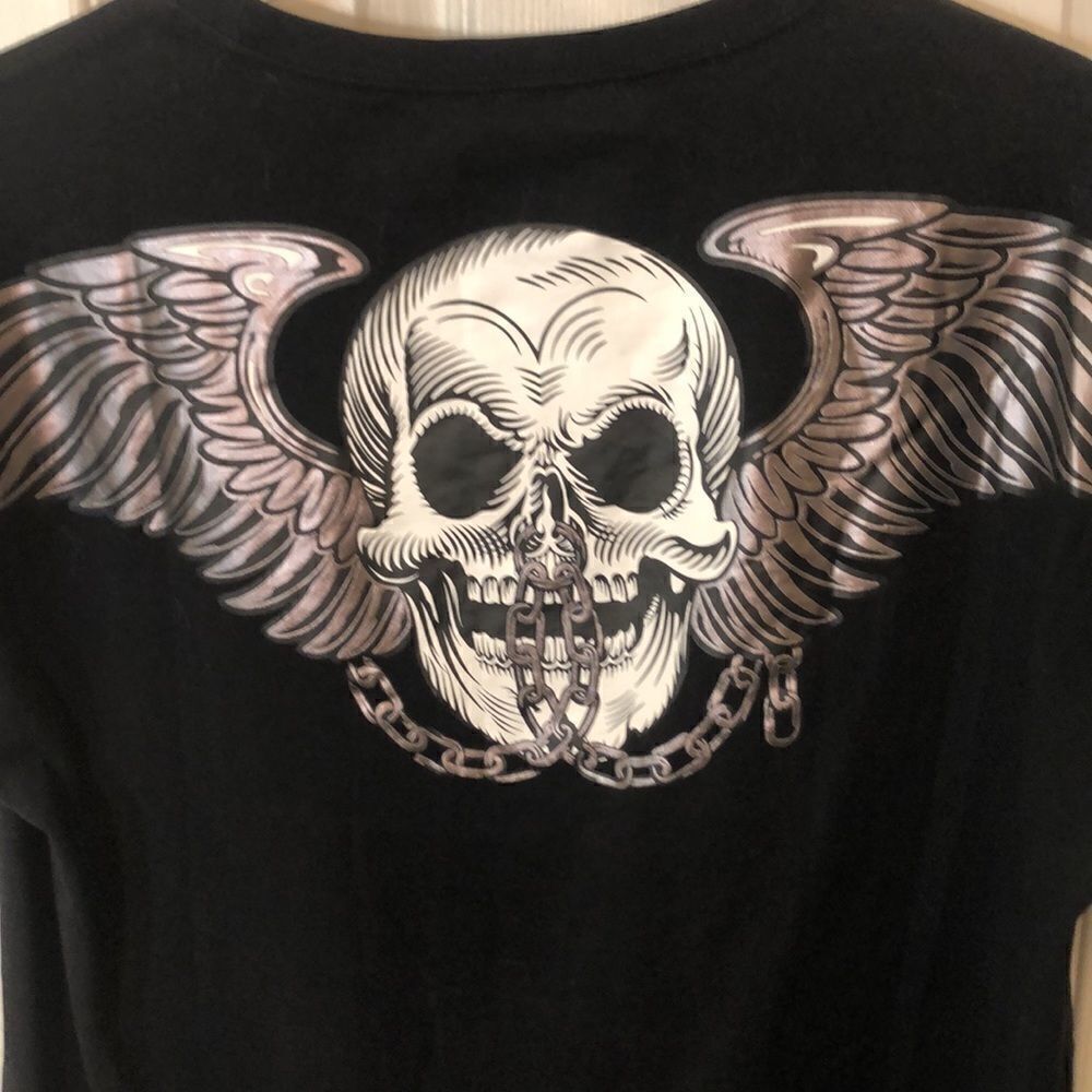 BOY London t shirt, Sz L Black UNISEX SKULL, CHAINS, WINGS on back Like New - Picture 4 of 13
